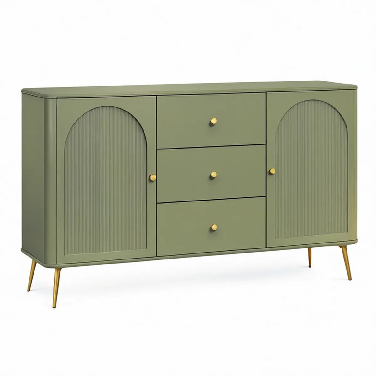 Sage Green MDF Storage Cabinet with 2 Fluted Doors, 3 Drawers and Gold Legs, 63 x 16 x 32 in