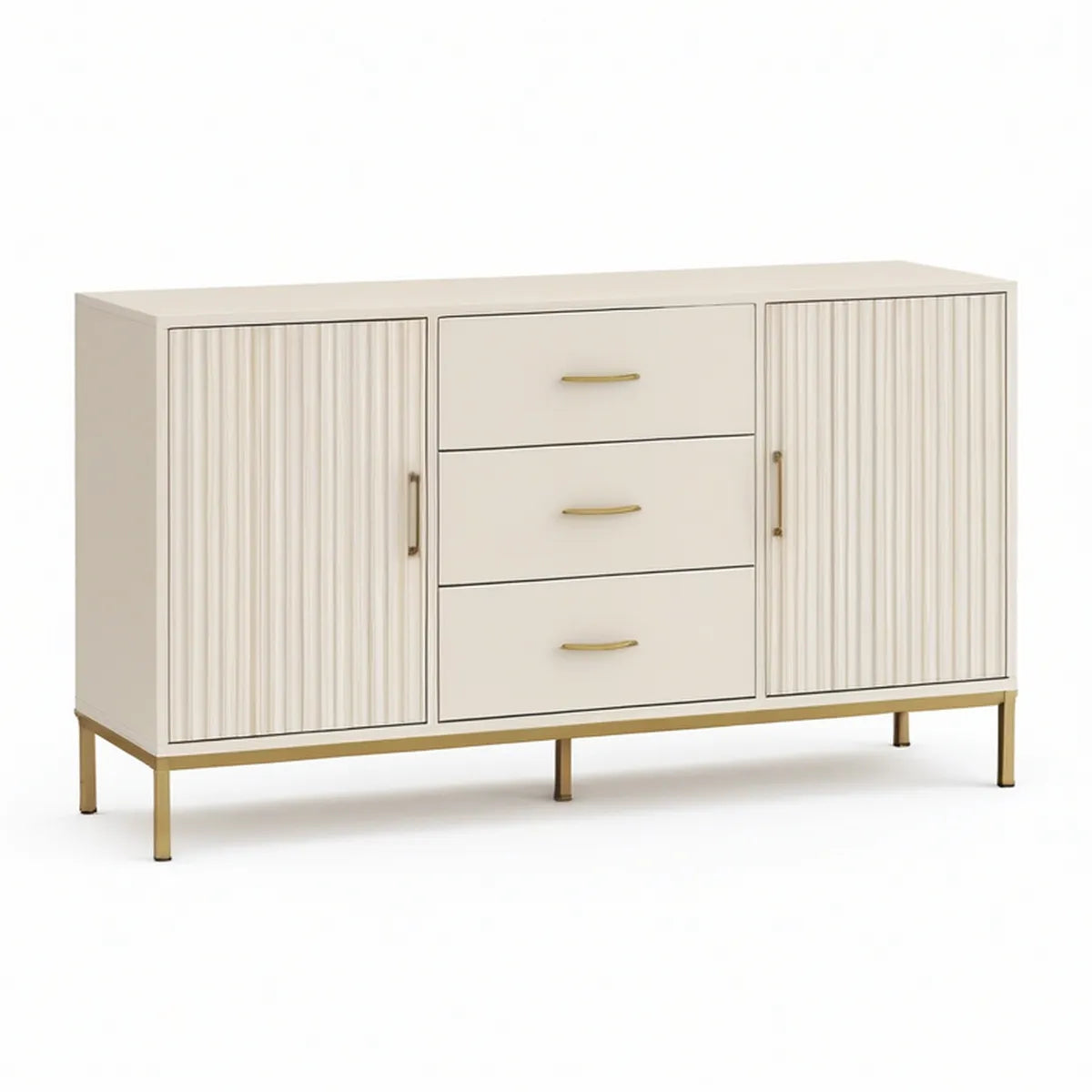 Cream MDF Sideboard Buffet Cabinet with 3 Drawers, 2 Fluted Doors, Gold Hardware, 60 x 18 x 34 in