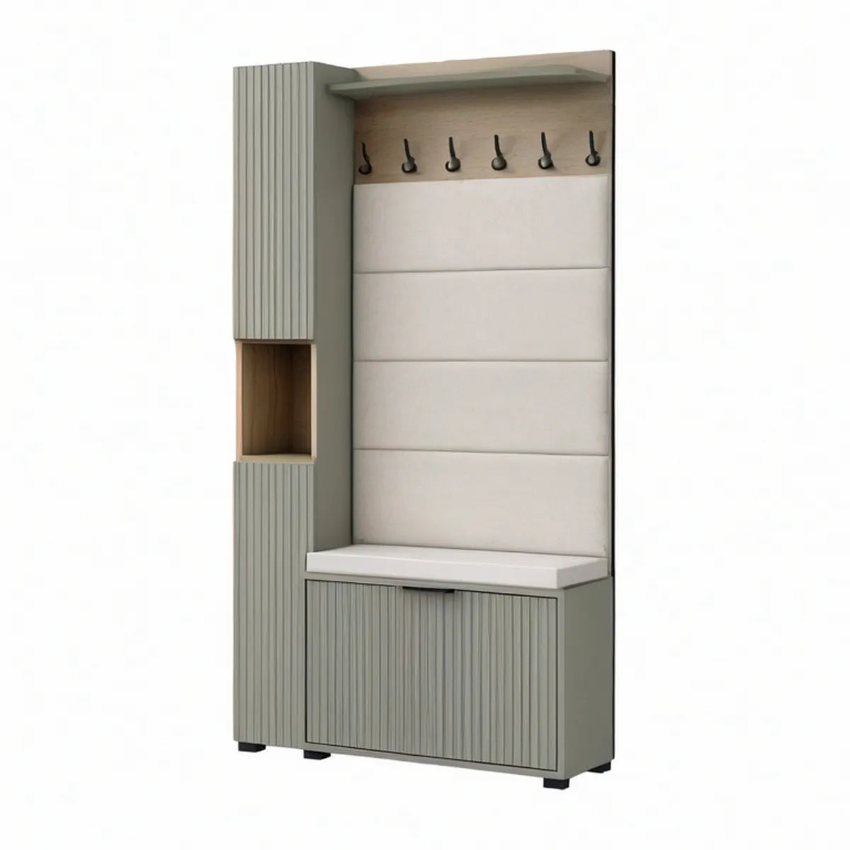 Gray and White Entryway Storage Cabinet with Bench, 6 Hooks and Shoe Compartment, 35.4 x 15.7 x 78.7 in