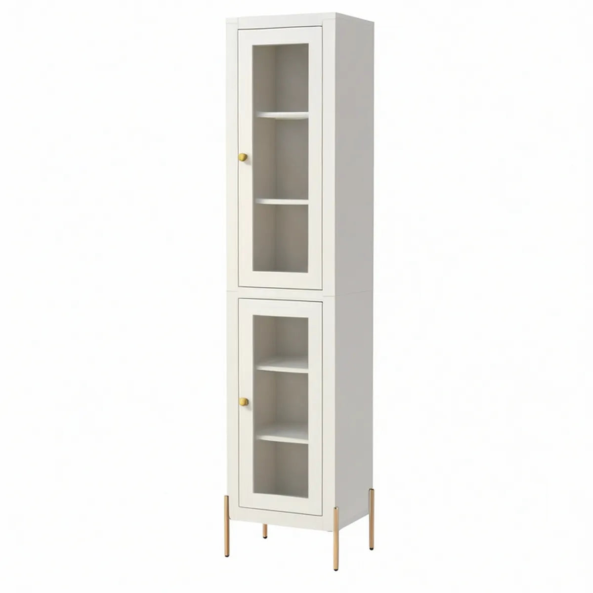 White MDF Display Cabinet with Clear Tempered Glass Doors and Gold Legs, 15.7 x 13.8 x 63.0 in