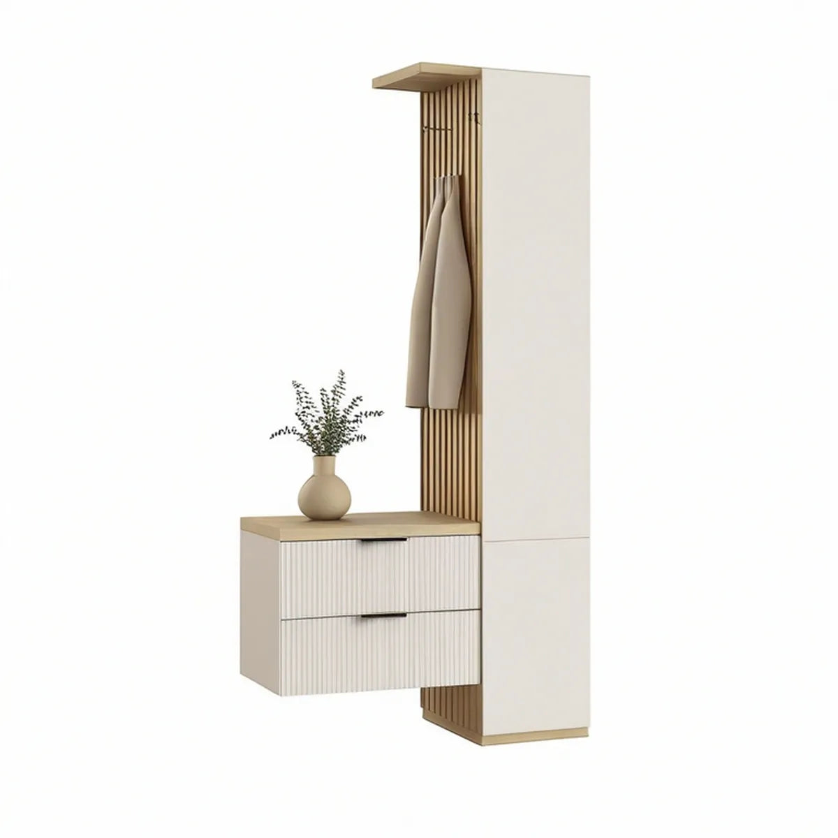 White and Natural Oak Entryway Storage Cabinet with Coat Hooks, 39.4 x 15.7 x 74.8 in