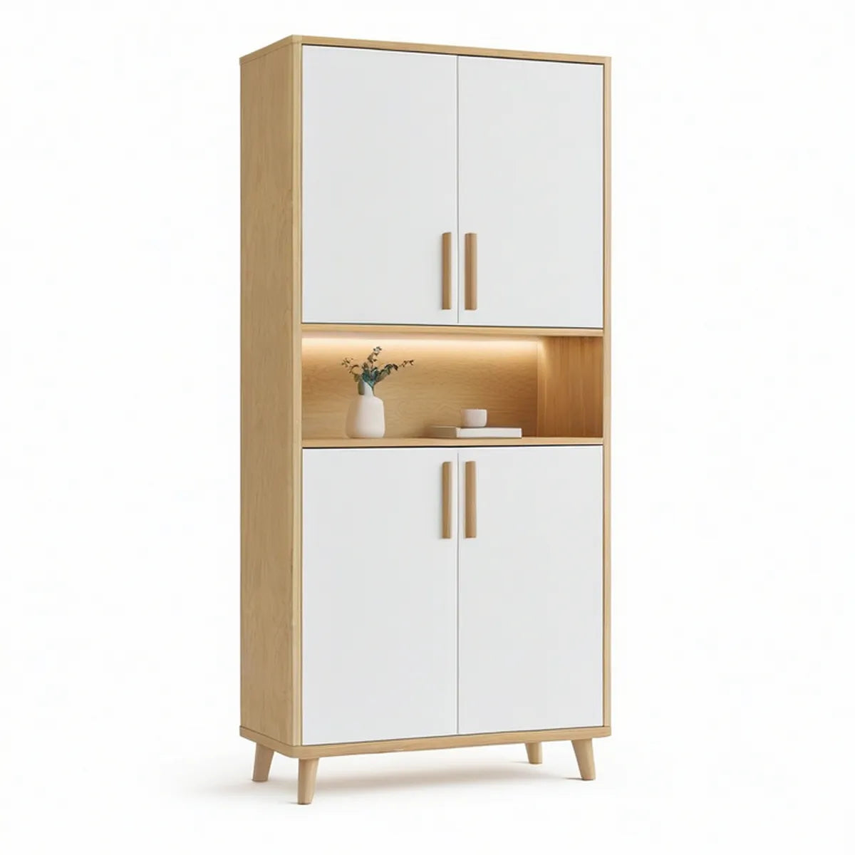 White and Natural Oak 4-Door Storage Cabinet with LED Open Shelf, 31.5 x 13.8 x 70.9 in