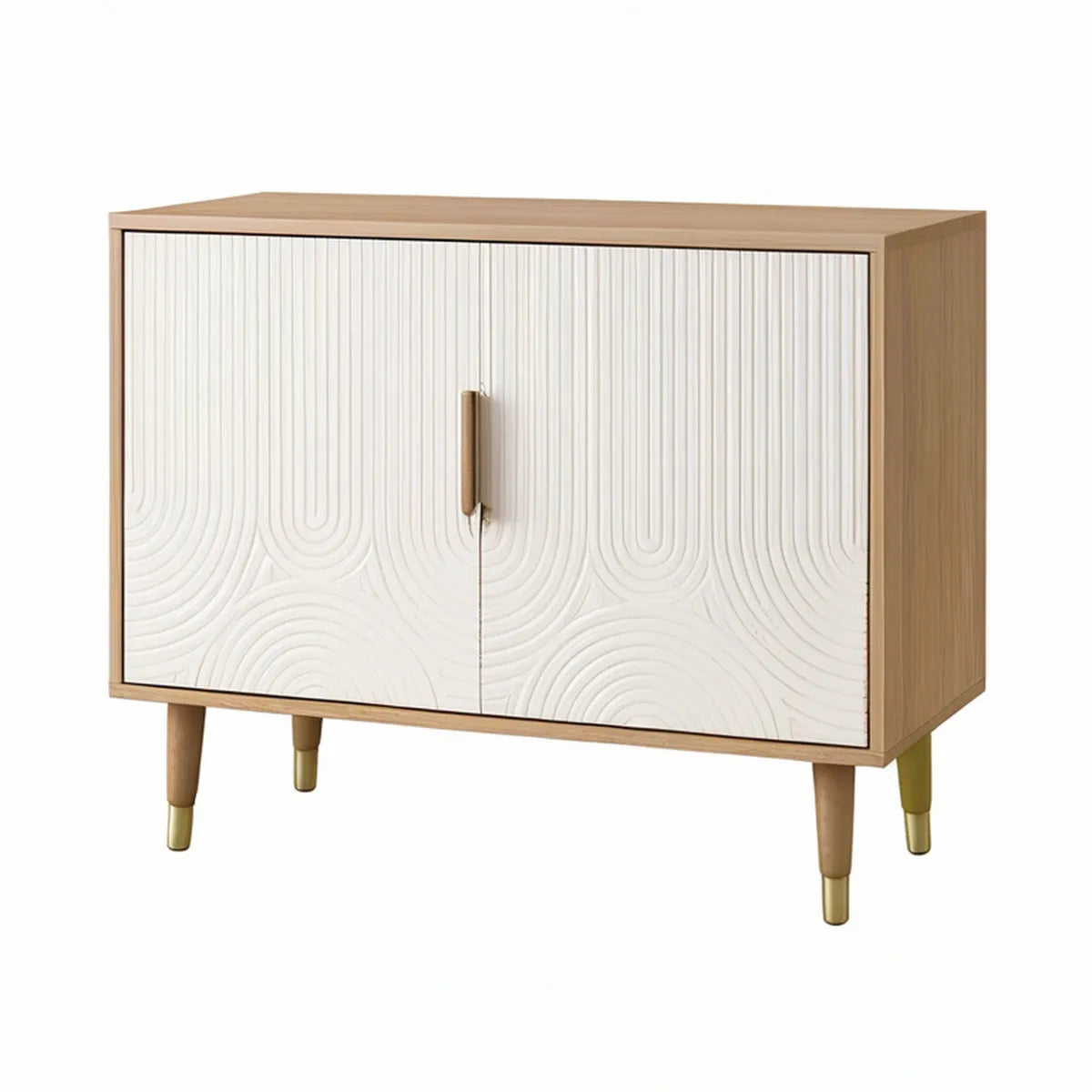 Two-Door Sideboard Cabinet, White/Natural Oak/Gold, 39.4 x 15.7 x 31.5 in