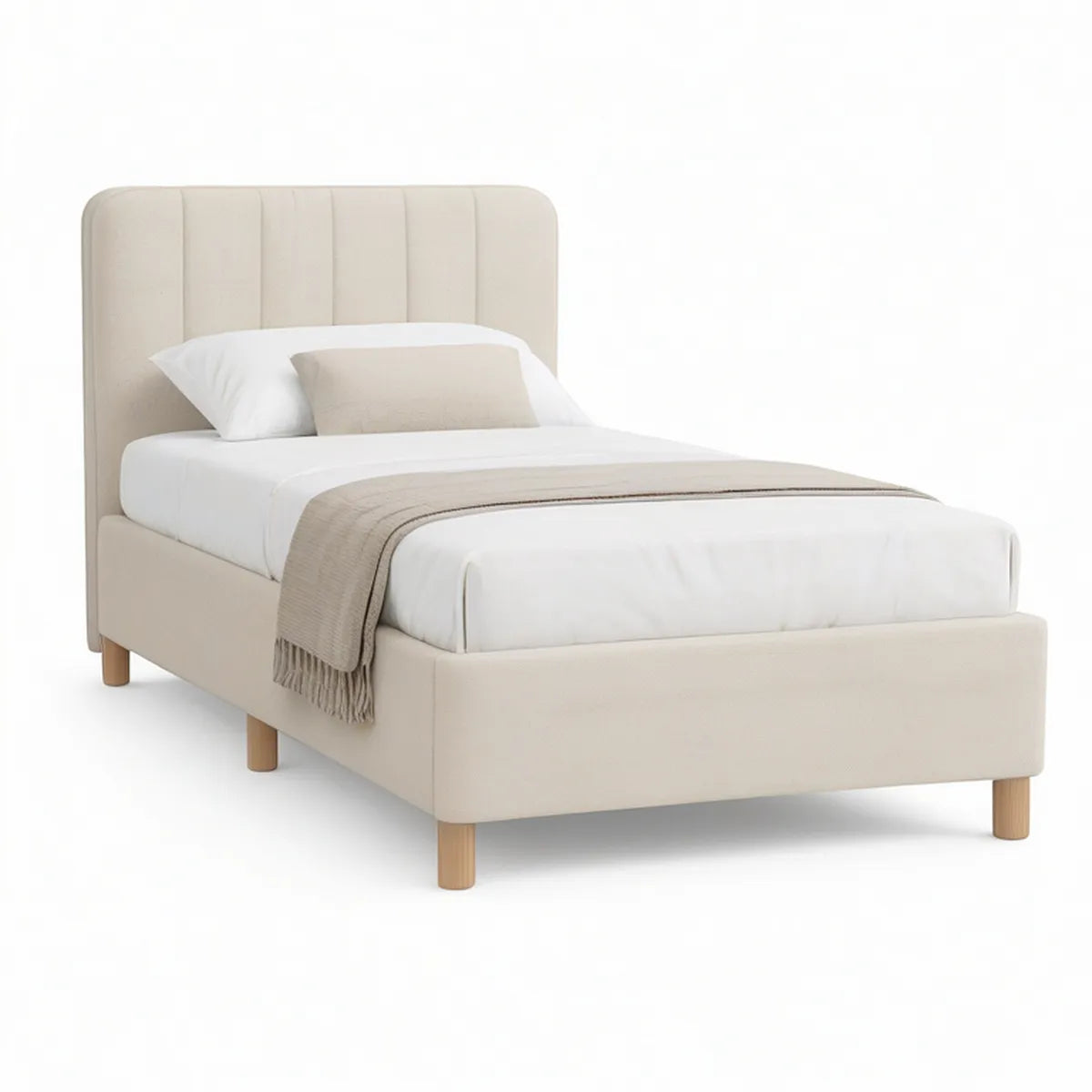 Cream Twin Upholstered Bed Frame with Padded Channel Headboard, 80 x 41 x 46 in