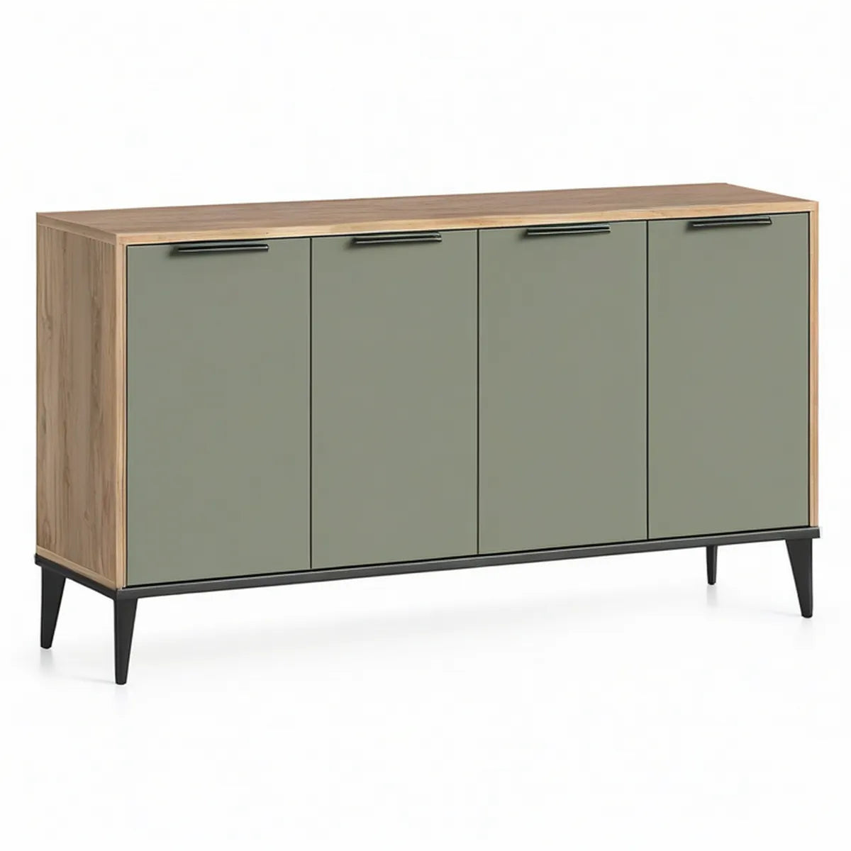 63 in. W x 16 in. D x 33 in. H 4-Door Engineered Wood Storage Cabinet, Natural Oak/Sage Green/Black
