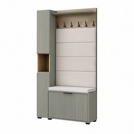 Gray and White Entryway Storage Cabinet with Bench, 6 Hooks and Shoe Compartment, 35.4 x 15.7 x 78.7 in