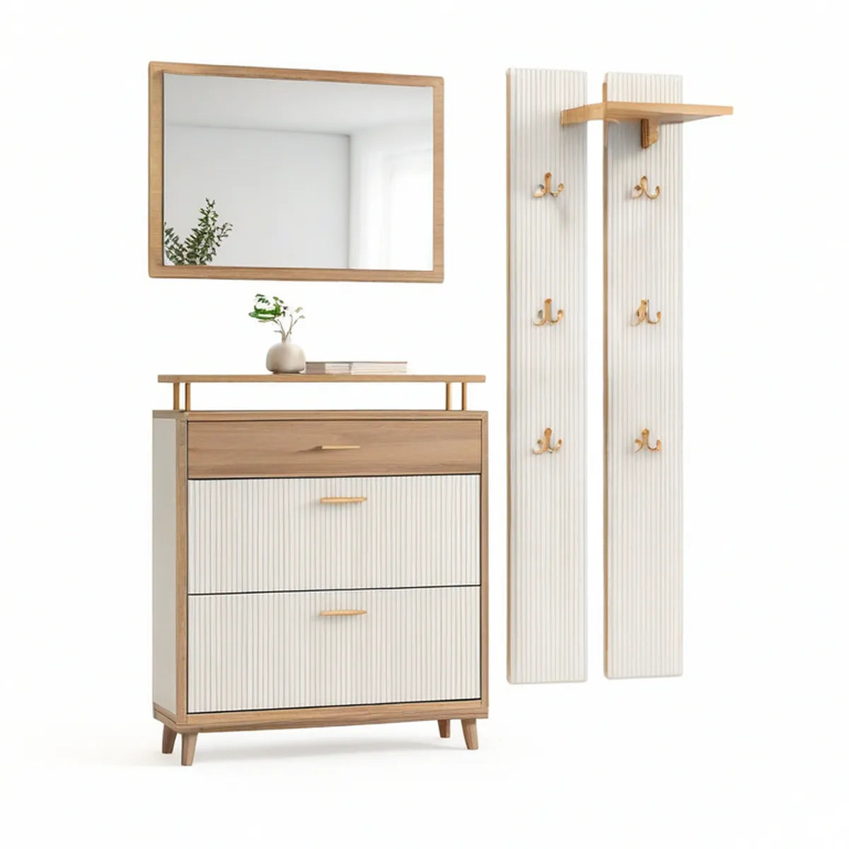 White and Natural Oak 5-Piece Entryway Storage Set with Mirror, Hook Panels and Shelf, Cabinet 31.5 x 13.8 x 43.3 in