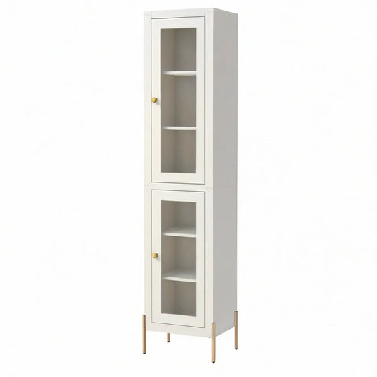 White MDF Display Cabinet with Clear Tempered Glass Doors and Gold Legs, 15.7 x 13.8 x 63.0 in