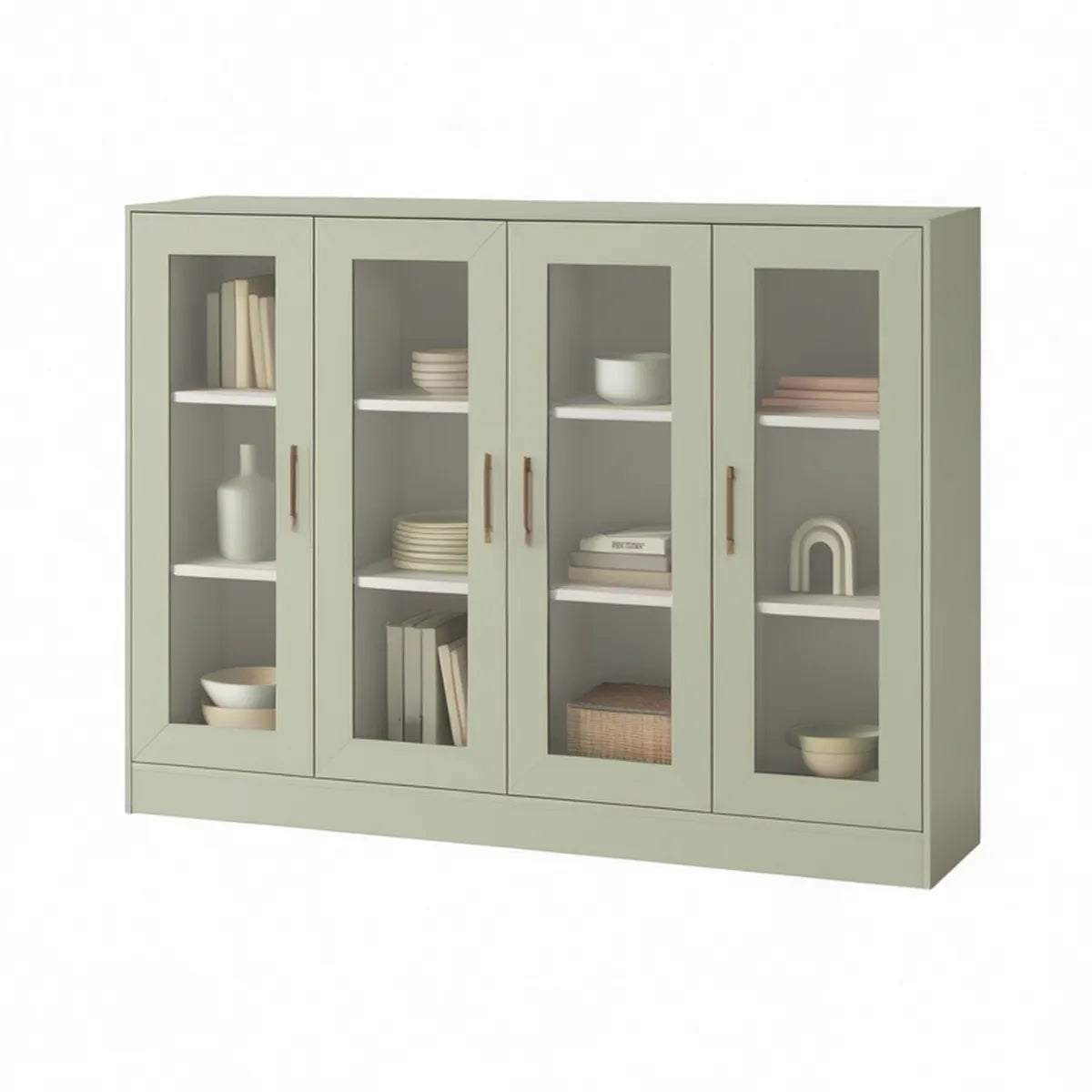 63 x 16 x 47 in Sage Green 4-Door Glass Display Sideboard with 8 Shelves