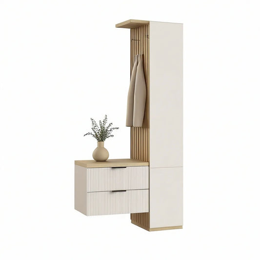 White and Natural Oak Entryway Storage Cabinet with Coat Hooks, 39.4 x 15.7 x 74.8 in