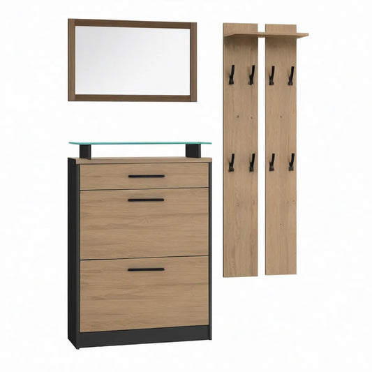 5-Piece Entryway Storage Set with 39.4 in Shoe Cabinet, Mirror, Hook Panels, Glass Shelf, Oak/Black/Clear