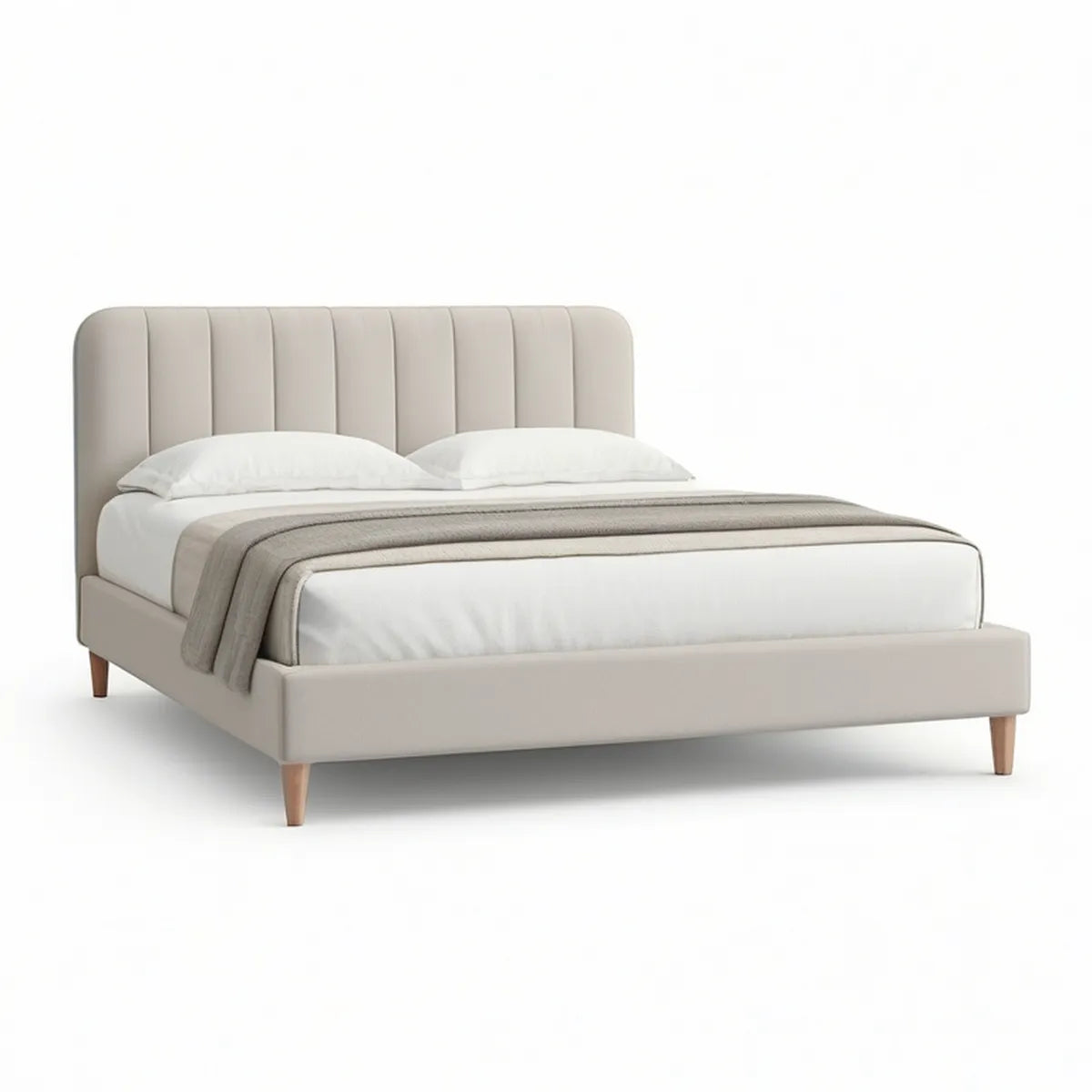 Beige Queen Upholstered Platform Bed Frame with Channel-Tufted Headboard, 63 x 84 x 45 in